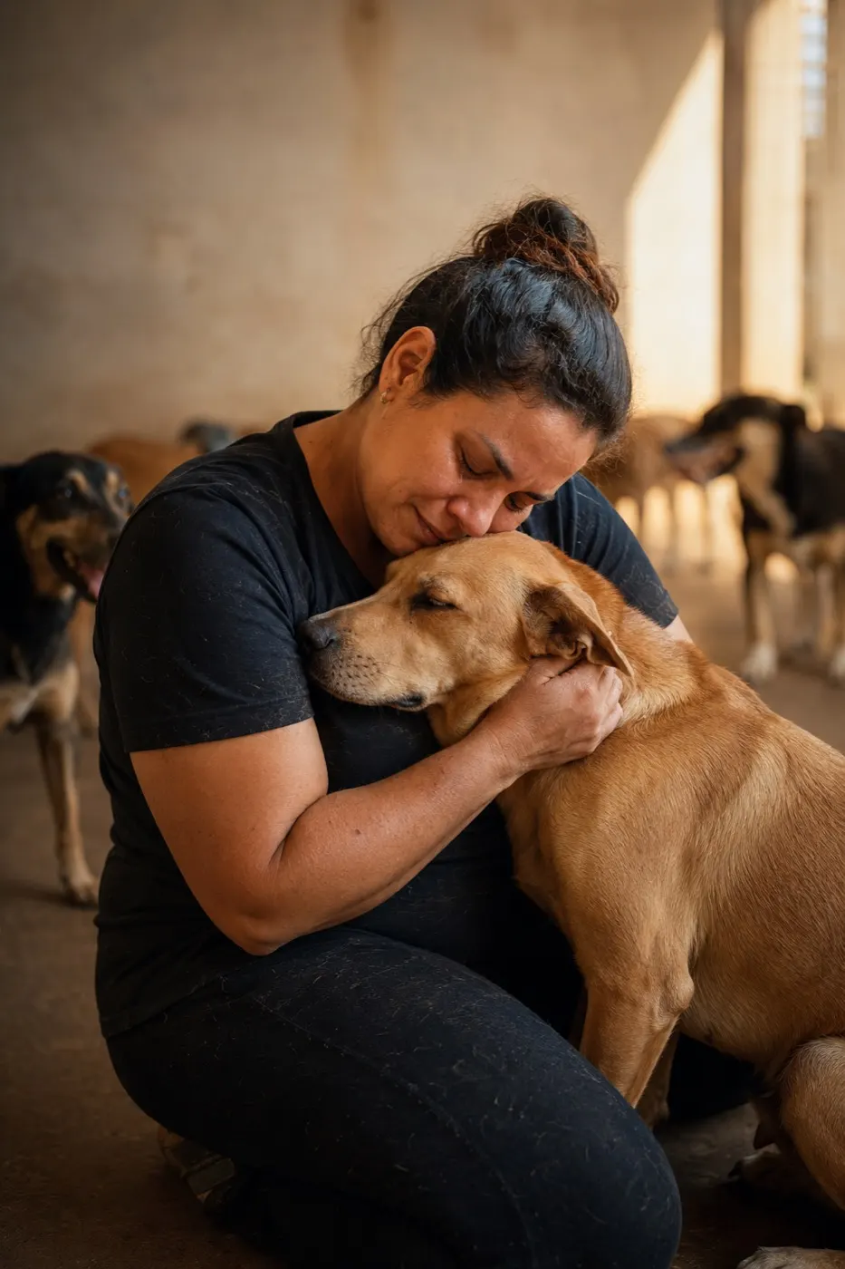 Voluntária abraçando um cão do Clube